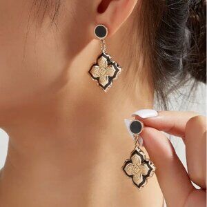 NEW Elise Gold and Black Enamel Victorian Ornate Drop Earrings